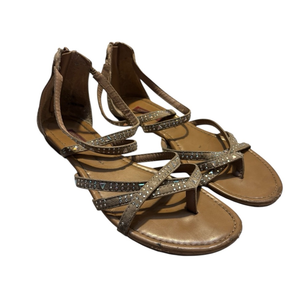 UNIONBAY Sandals Size 8 Tan Strappy with Rhinestones Back Zip Noho FLAWS